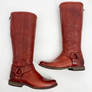 Frye Phillip red Burnt leather tall harness boots